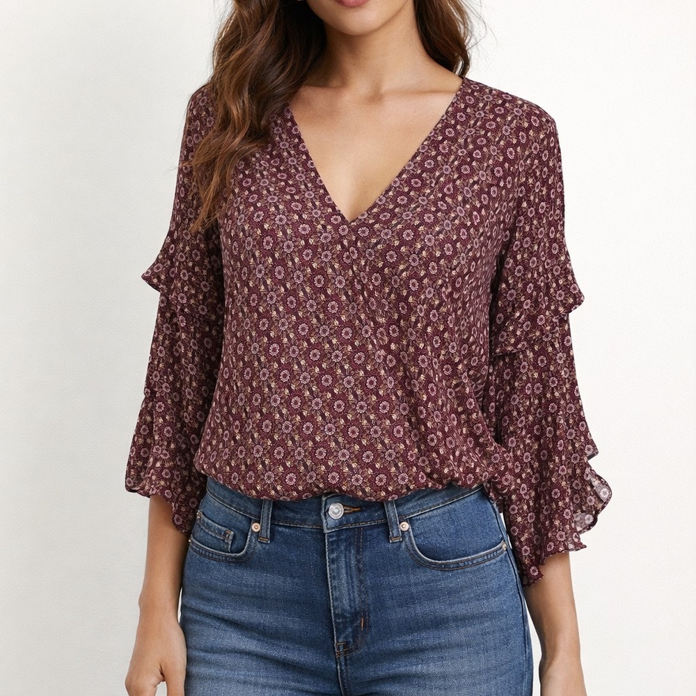 Floral V-Neck Ruffle Sleeve Blouse